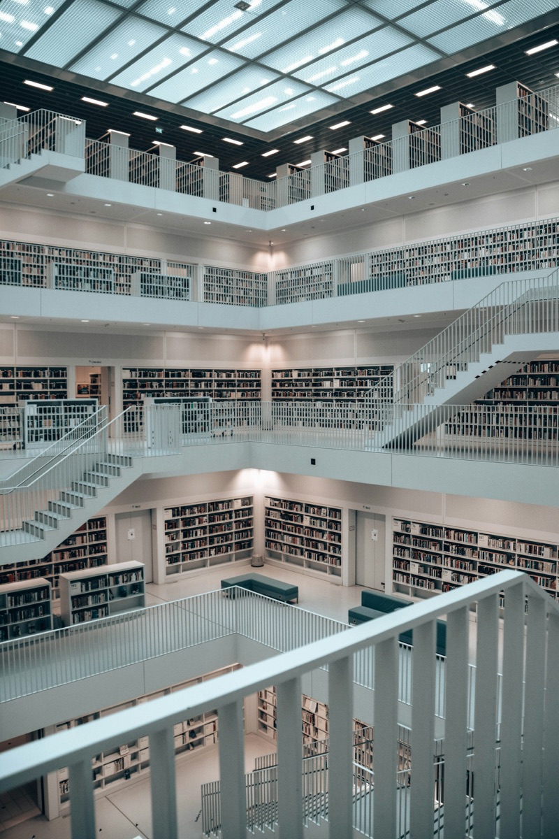 An open, multi-level library interior