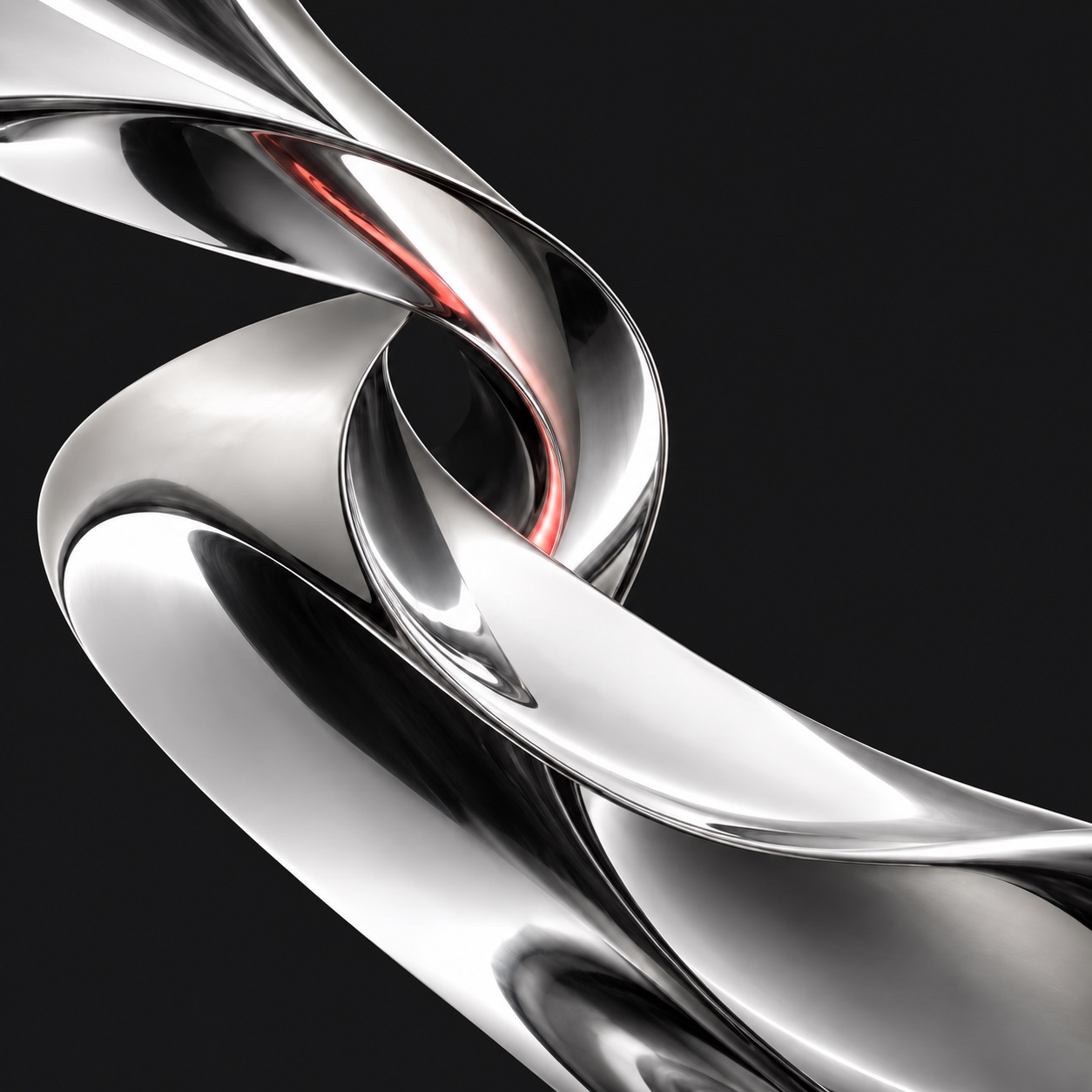 Flowing silver sculpture with coral reflections against dark charcoal